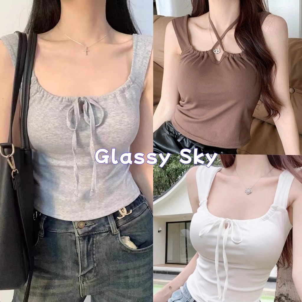 Glassy Sky พร้อมส่ง เสื้อกล้าม มีฟองน้ำ ดีเทลผูกโบว์น่ารัก 5สี(FY068)