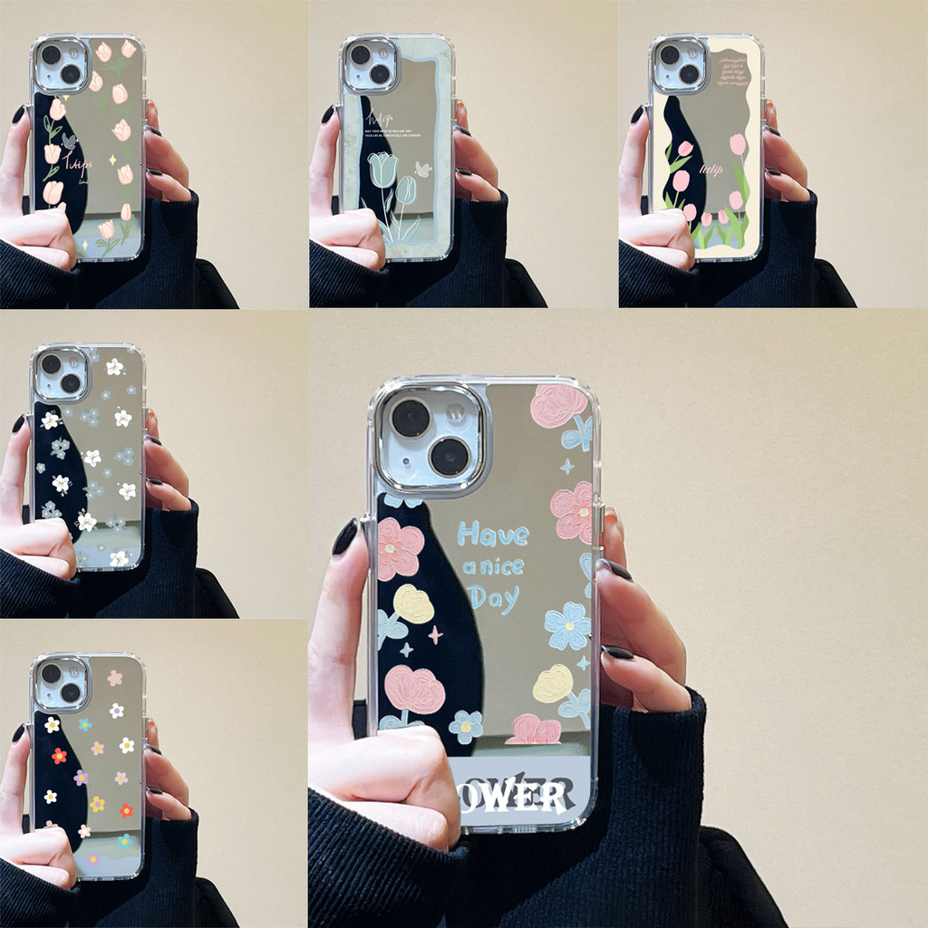 เคสไอโฟน สําหรับ iPhone 11 12 13 14 15 Pro Max 11promax ดอกไม้ กรณีโทรศัพท์มือถือชุบกระจก กันกระแทก การป้องกันเลนส์