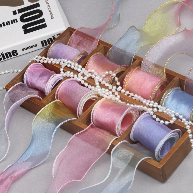 4 ซม.* 10 หลา Fishtail เส้นด้ายริบบิ้นช่อดอกไม้วัสดุบรรจุภัณฑ์ Rainbow Gradient ชีฟอง Organza Stain ริบบิ้นชุดของขวัญสําหรับ DIY Craft