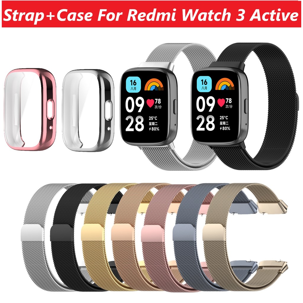 สาย Milanese + เคสสําหรับ Redmi Watch 3 Active Smart Watch สแตนเลสเปลี่ยนสร้อยข้อมือห่วงแม่เหล็ก 2 IN 1 สายรัดข้อมือสมาร์ท Full TPU Case Cover