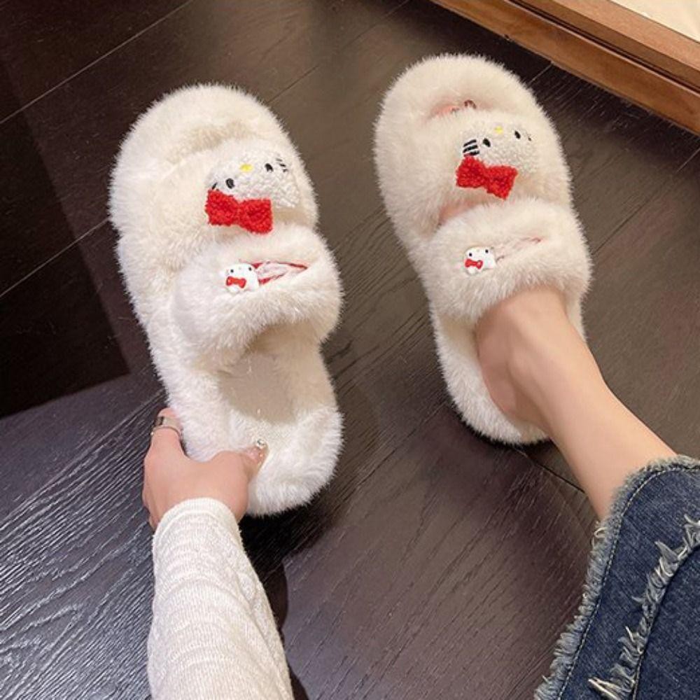 Dyruidoj1 รองเท้าแตะแมวคิตตี้, รองเท้าแตะปุยกุทัณฑ์หนา, รองเท้าบ้านกํามะหยี่สบาย Kawaii รองเท้าแตะตุ๊กตานุ่มในร่ม
