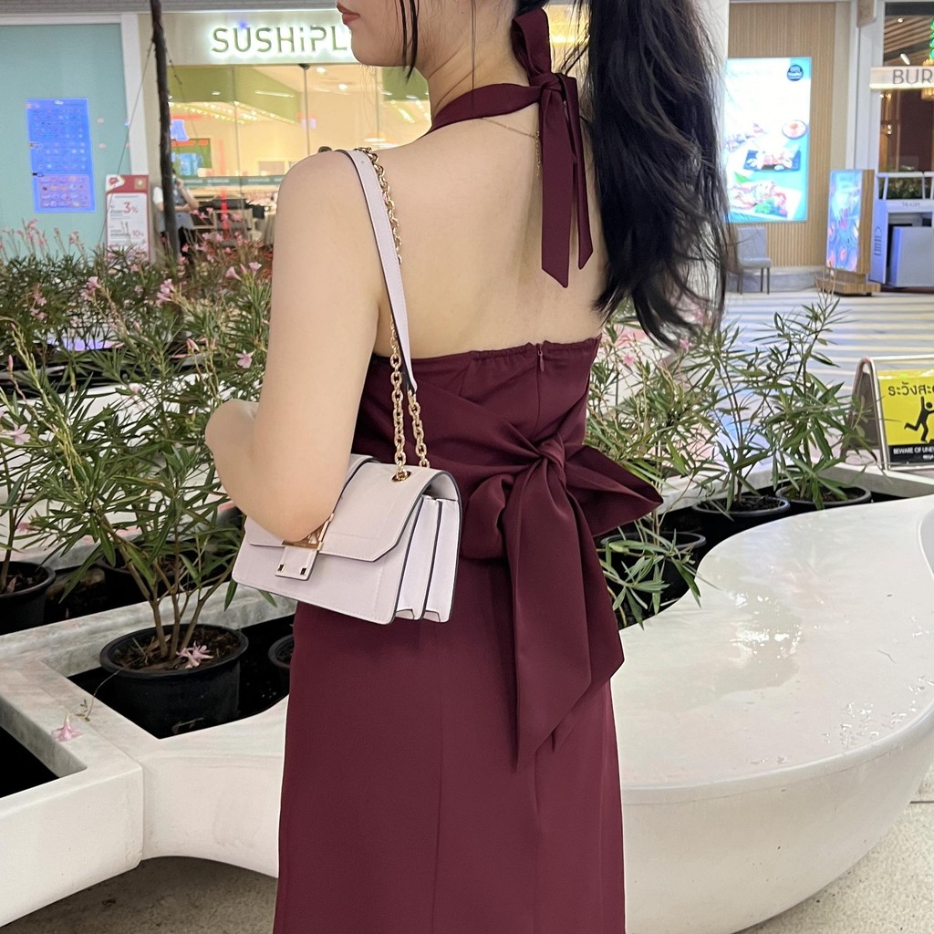 PNK035 Mila Dress ชุดเดรส คอไขว้ ผูกโบว์ ดีไซน์มินิมอลแต่เรียบหรู