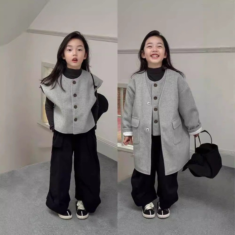 เสื้อโค้ทเด็กผู้หญิงฤดูใบไม้ร่วงฤดูหนาวสไตล์ใหม่สไตล์เกาหลีสไตล์ตะวันตกเสื้อโค้ทผ้าวูล + เสื้อกั๊กชุด 2 ชิ้น