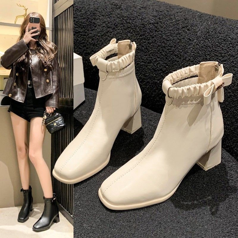 รองเท้าบูทมาร์ติน Martin Boots Leather Boots Commuter Square Toe Winter Casual