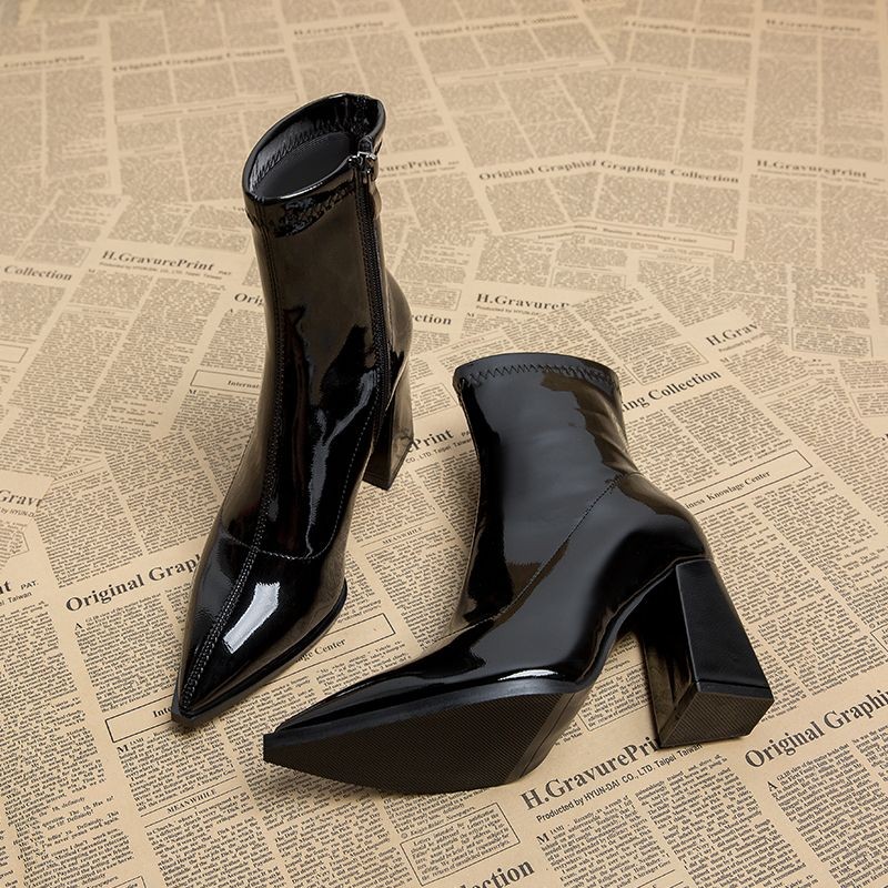 รองเท้าบูทมาร์ติน Mi Mid-Tube Boots รองเท้าส้นสูงซิปหนา Soled Square Toe ฤดูใบไม้ร่วงฤดูหนาว