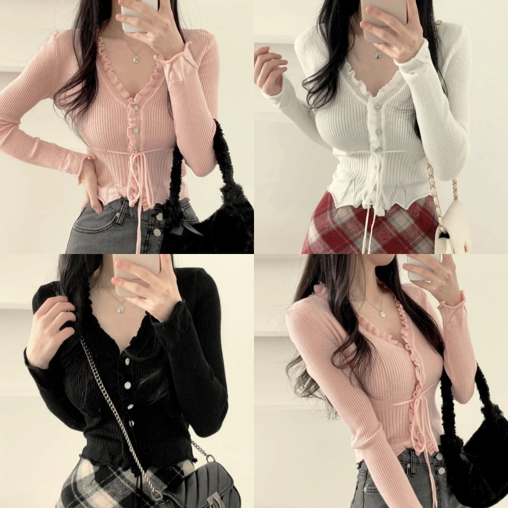Evelyn ​เสื้อไหมพรมแขนยาวน่ารักมาก คอวี สลิม ดีเทลสายคาดเอว สีพื้น ใส่สบาย สไตล์เกาหลี#M5346