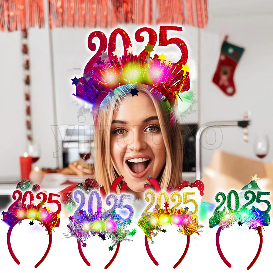 ไฟ LED 2025 วันปีใหม่แถบคาดศีรษะ Shining สีสัน Headwear สวัสดีปีใหม่ 2025 Carnival Merry Christmas Party Decor