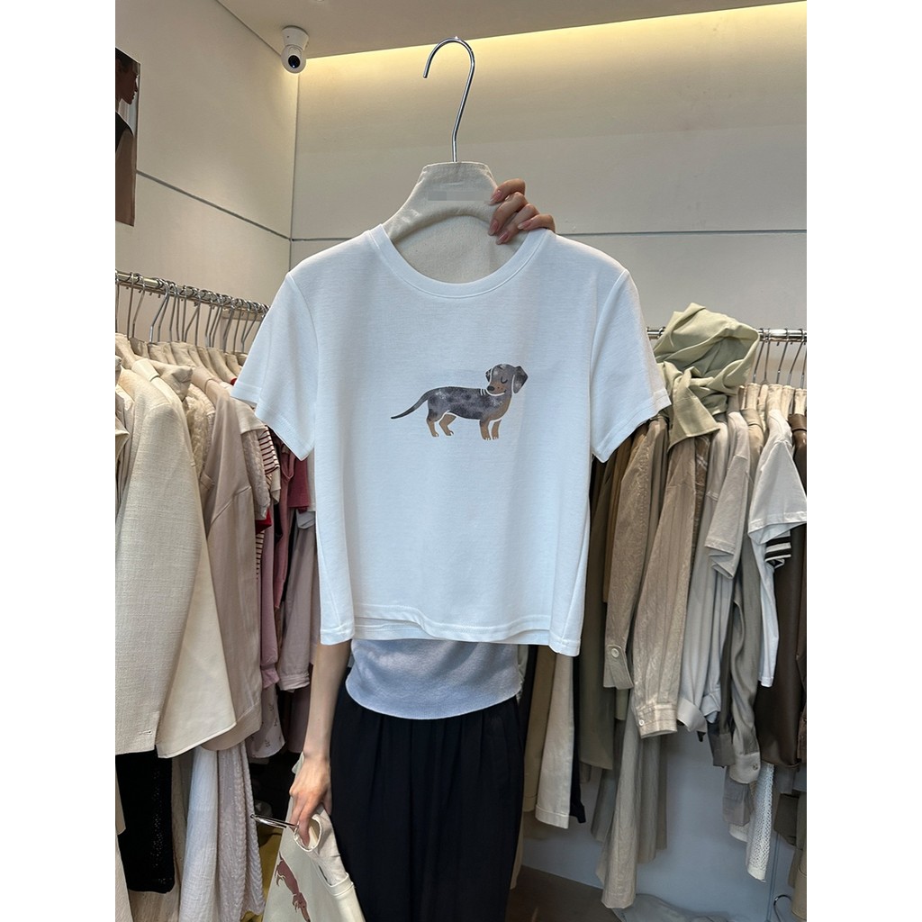 (จัดส่งตลอด 24 ชั่วโมง）OOOK Official เสื้อยืดแขนสั้น คอปกกลม ลายพิมพ์น้องหมาตัวการ์ตูน รุ่นสั้น สไตล์หลวม สะดวกสบาย