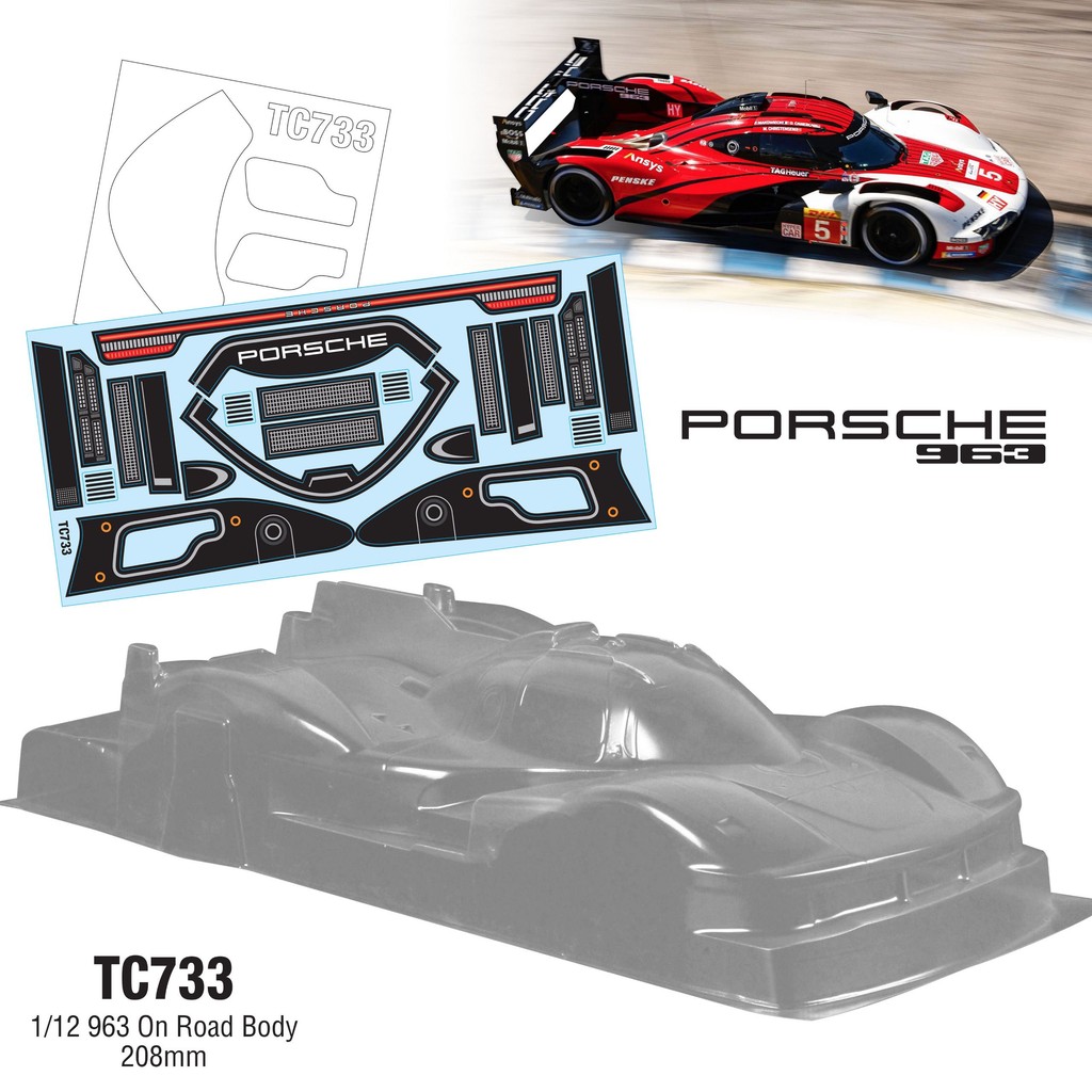 TC733 1/12 963 Le-Mans Le-Mans 12 เปลือกรถ, PC โปร่งใส, 208 มม., พร้อมปีกด้านหลัง