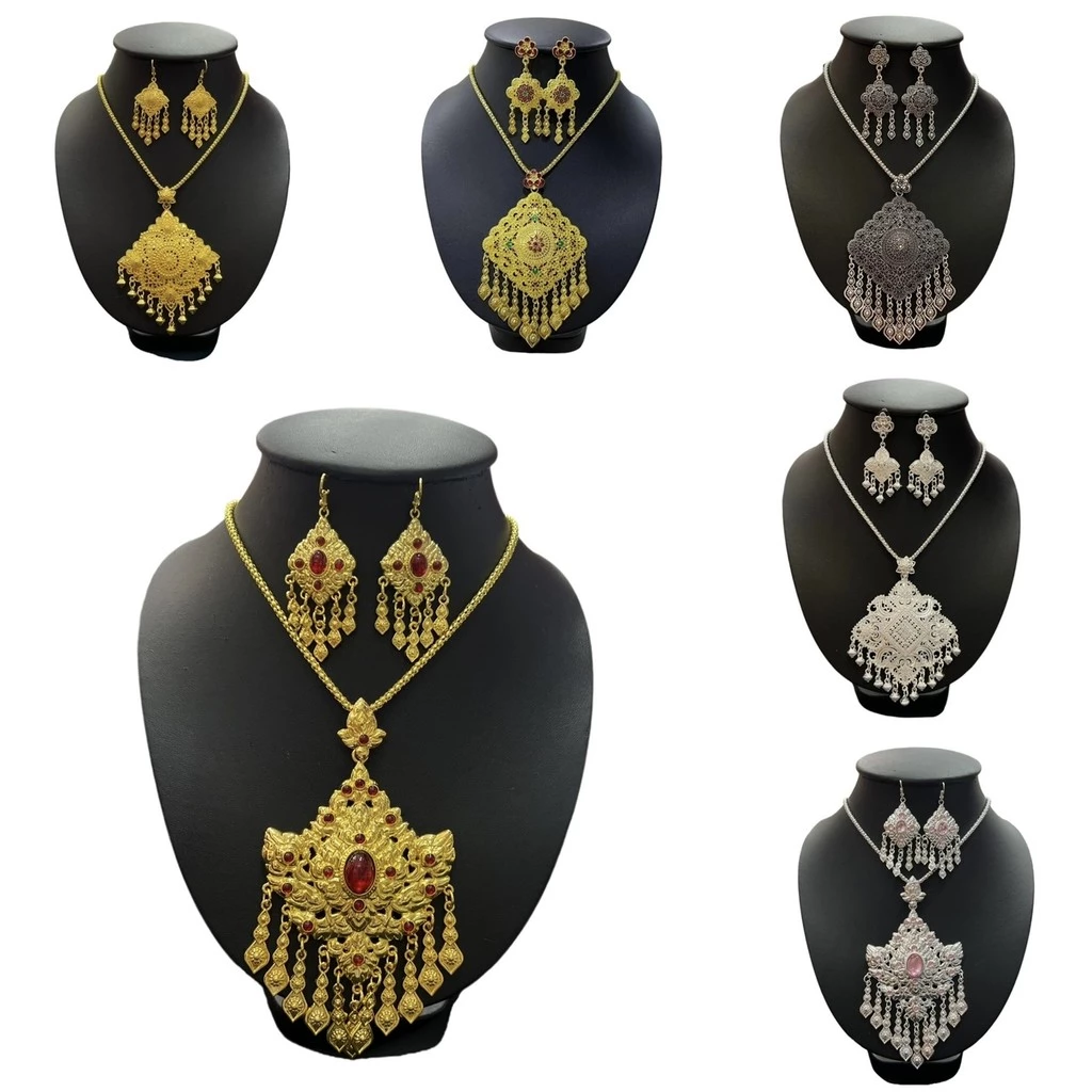 Fashion Jewele สร้อยคอยาวจี้เหลี่ยมพร้อมต่างหู ชุดล้านนา เคื่องประดับชุดไทย