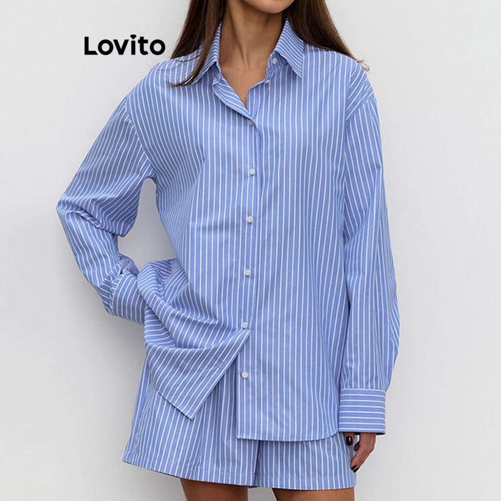 Lovito ชุดเซ็ทกางเกง มีกระดุม ลายทาง สไตล์ลำลอง LNL412