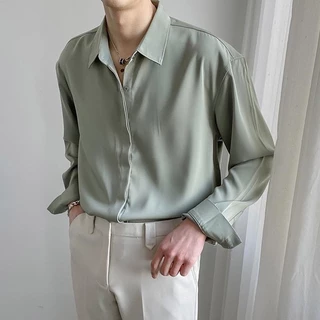 เสื้อเชิ้ตแขนยาวสีพื้น คอปก เสื้อเชิ้ตใส่ทำงานชาย สไตล์ลำลอง กระดุมแถว แฟชั่นเกาหลี ไซส์ S-3XL