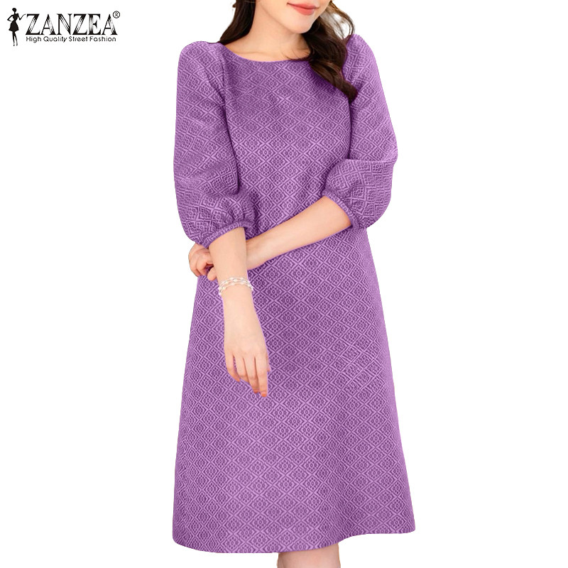 ZANZEA ชุดเดรสทรงเอวินเทจเกาหลีสำหรับผู้หญิง แขนยาวสามส่วนสี่ ลายเรขาคณิต
