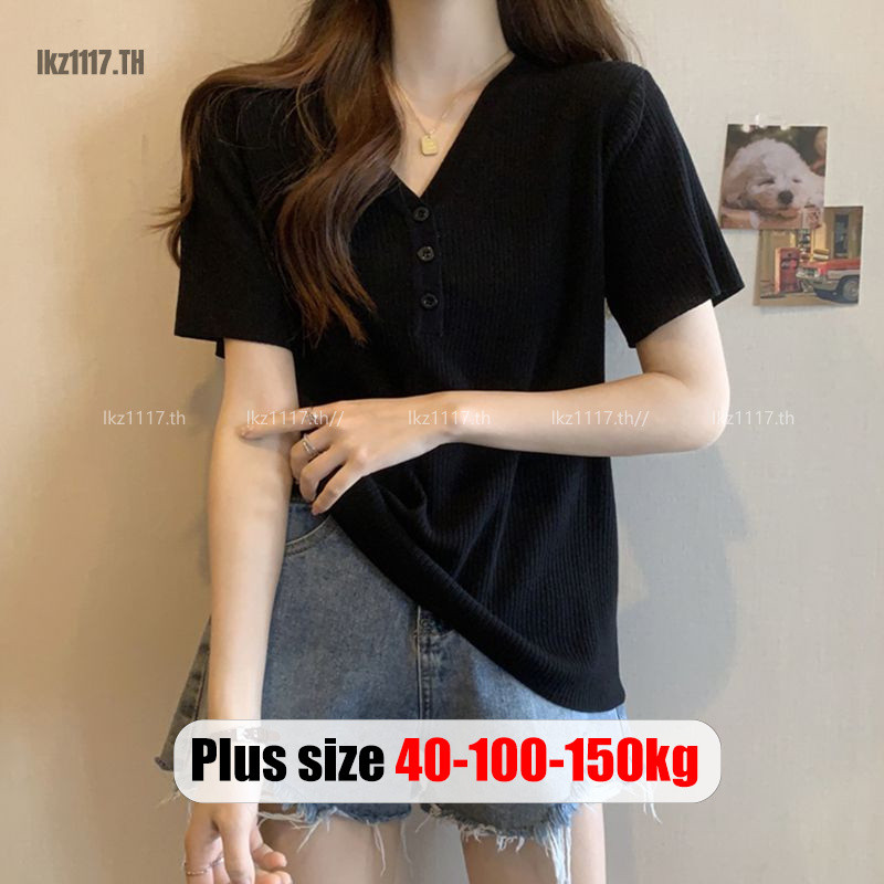 Plus size เสื้อผ้าสาวอวบ❤ เสื้อยืดสาวอวบอ้วน ไซส์ใหญ่ ผู้หญิง เสื้อไหมพรม ทรงหลวม แขนสั้น คอวี สีดำ ฤดูร้อน สไตล์เกาหลีแฟชั่น