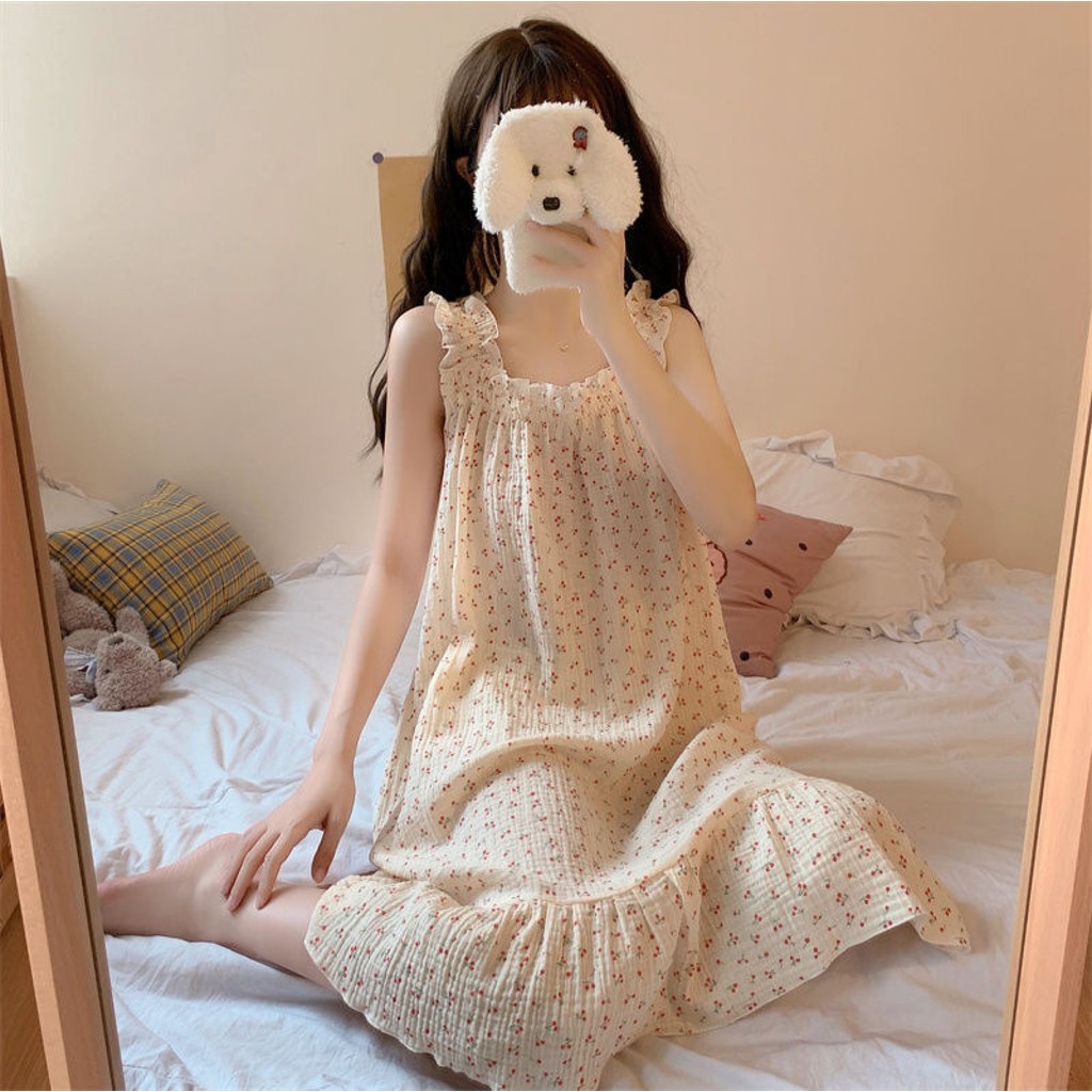 ชุดเดรสเกาหลี เดรสลายดอก รูปหมี น่ารัก มาใหม่ คอเหลี่ยม Women s pajamas LittleStar19 ✨california223.