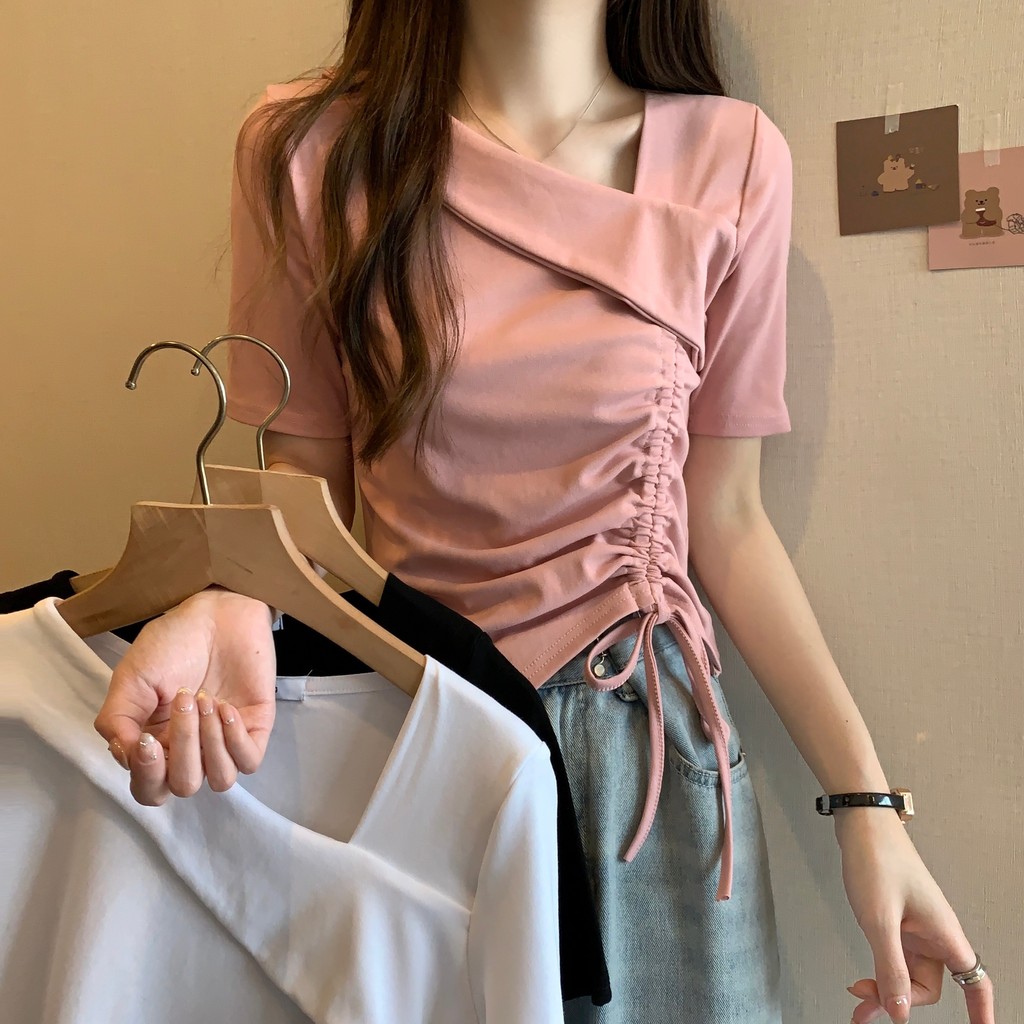 ขนาดใหญ่ไขมัน MM ไม่สม่ําเสมอจีบผู้หญิง 2025v คอ Slim-fit Slimmer ดูแขนสั้นเสื้อยืด 8091 VCR4