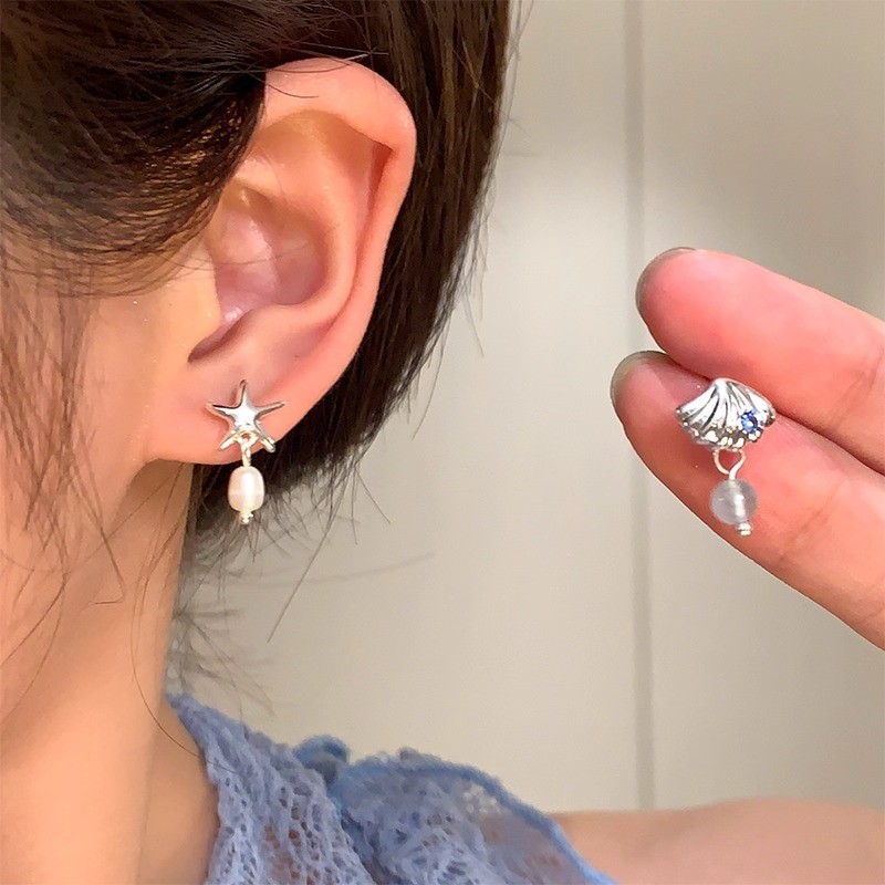 ต่างหูเปลือกหอยปลาดาวไม่สมมาตรเกาหลี สีเงิน สำหรับผู้หญิง เหมาะสำหรับวันหยุดและเป็นของขวัญ - รูปที่ 2