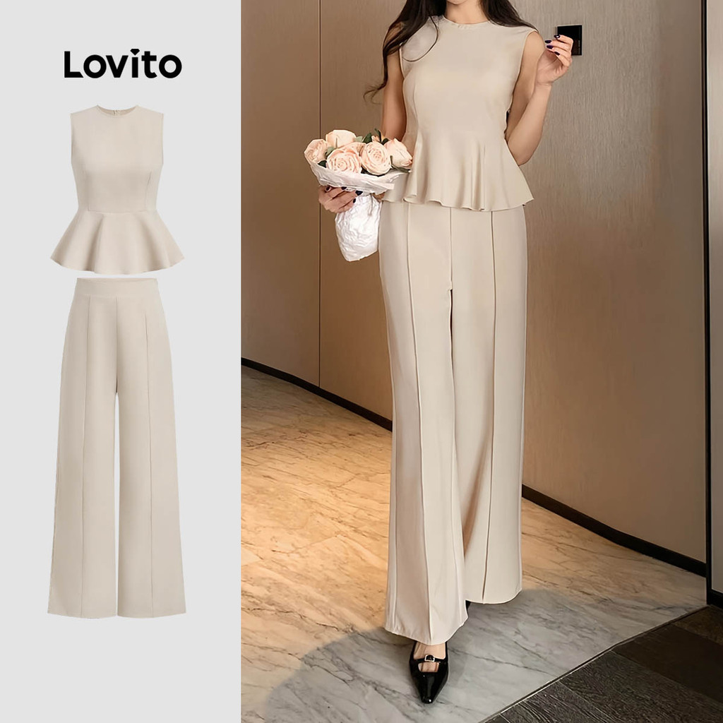 Lovito ชุดกางเกงลำลองพร้อมกระโปรงพลีทสำหรับฤดูใบไม้ผลิ/ฤดูร้อน กางเกงชาคี L137ED115