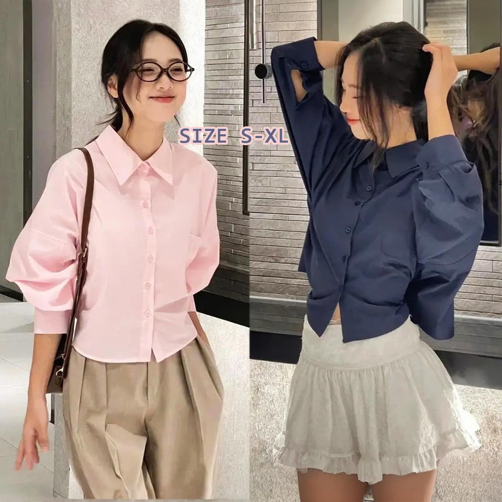 Chili Koko เสื้อเชิ้ตผู้หญิงทรงหลวม แขนพอง มีเข็มขัด เสื้อเชิ้ตครอปแขนค้างคาวหลวมๆ w622