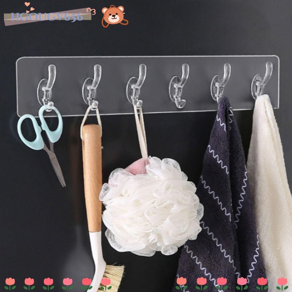 HGOUGVT ตะขอแขวนติดผนัง, ตะขอแขวนเสื้อผ้าอะคริลิคใส, 1/3/5/6 แถว Punch Free Self กาวแขวน Home
