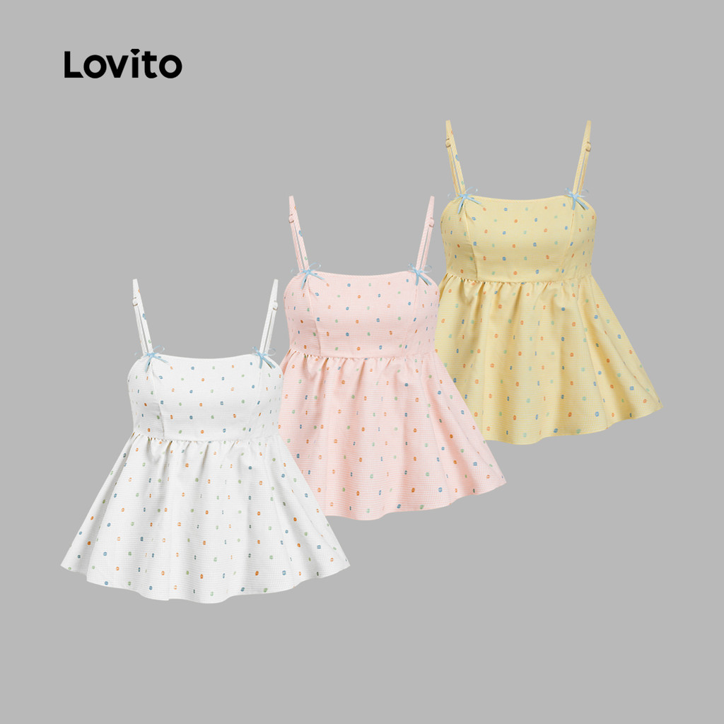 (โบโฮ) Lovito เสื้อกล้ามน่ารัก เสื้อกล้ามโบว์ผูกเชือกลายจุดสําหรับผู้หญิง L117AD0297