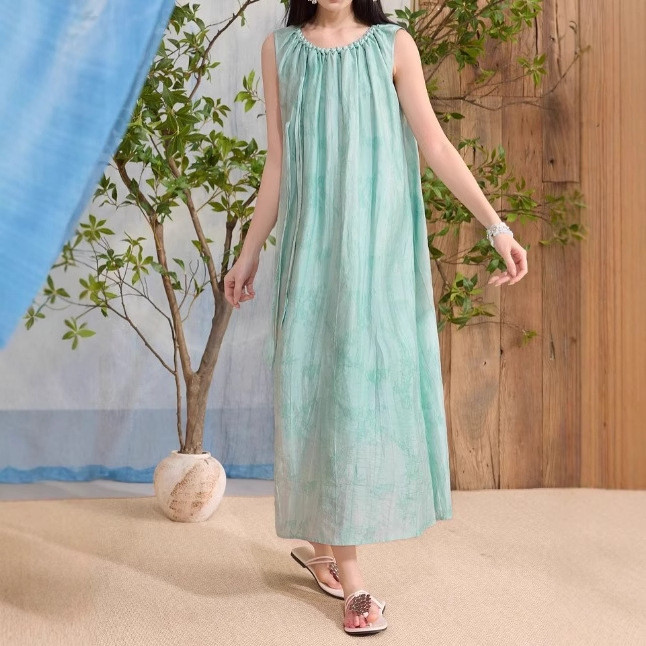 กระโปรง A-line สไตล์จีน แขนกุด ทรงหลวม สำหรับฤดูใบไม้ผลิและฤดูร้อน D401EC103L30