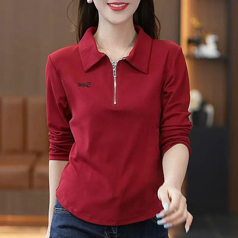 แขนยาวผู้หญิงเสื้อโปโลมืออาชีพสวมใส่ฤดูใบไม้ผลิฤดูใบไม้ร่วงแฟชั่นจดหมายพิมพ์เหม ส่วนโค้ง ออกแบบ ผอมลง ดูปกท้องซิปด้านบน