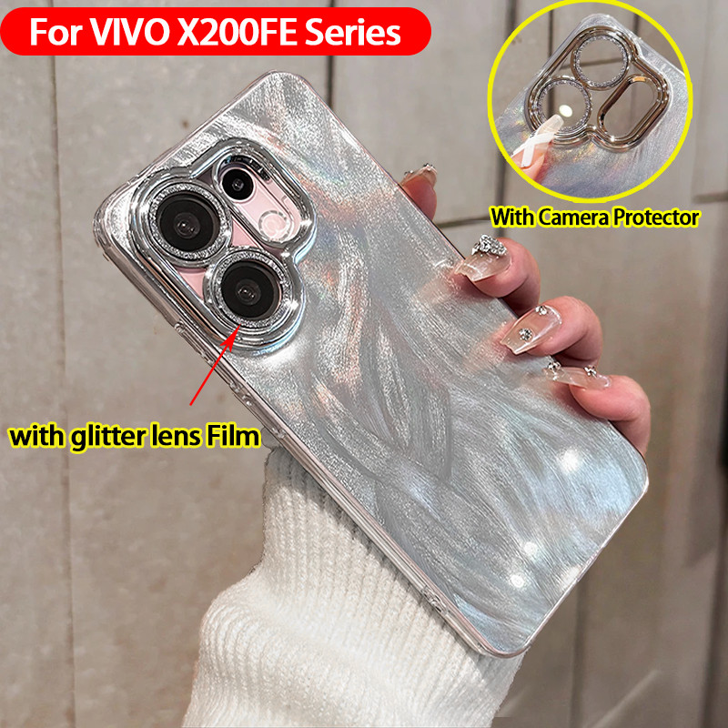 เคส Vivo X200FE 5G เคสกันกระแทกพร้อมฟิล์มป้องกันกล้องแวววาวฝาครอบเลนส์เคสโทรศัพท์แข็งฝ้าสําหรับผู้หญิงสาวนักเรียน