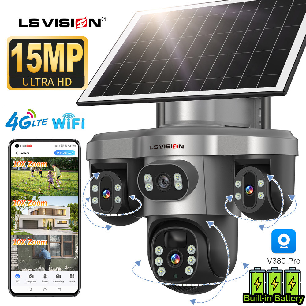 LS VISION 3 PTZ กล้องพลังงานแสงอาทิตย์  V380 Pro 4G/WiFi กล้องวงจรปิด 15MP AI ตรวจจับ พูดคุย 2 ทาง พลังงานแสงอาทิตย์ + 8000mAh ip66 กันน้ํา