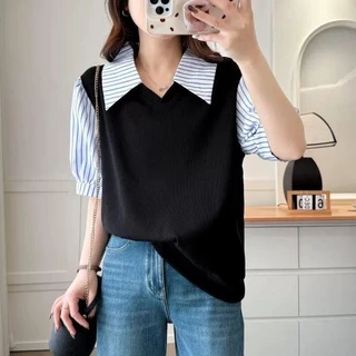 [เสื้อโอเวอร์ไซส์] (40-150กิโลกรัม) ฤดูร้อนสองชิ้นลายเสื้อโปโลคอปกขนาดบวกแขนสั้นชุดลําลองผู้หญิงเสื้อ
