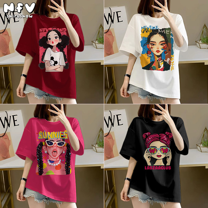 NFV แฟชั่นเกาหลี🎀เสื้อยืดแขนสั้นคอกลม ลายพิมพ์เด็กหญิงการ์ตูน ใส่สบาย ผ้าฝ้ายแท้ ทรงหลวม YG0
