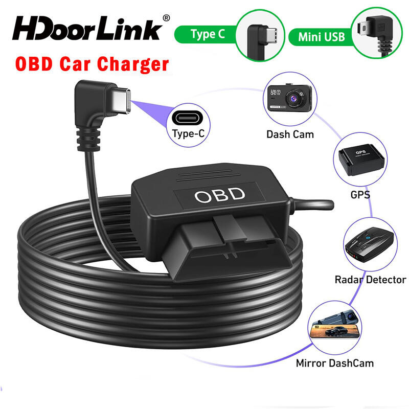 HdoorLink Mini USB/Type C พอร์ตรถ OBD Hardwire Kit สําหรับ Dashcam Mirror Recorder Charger พร้อมสวิตช์รถ OBD สายไฟ