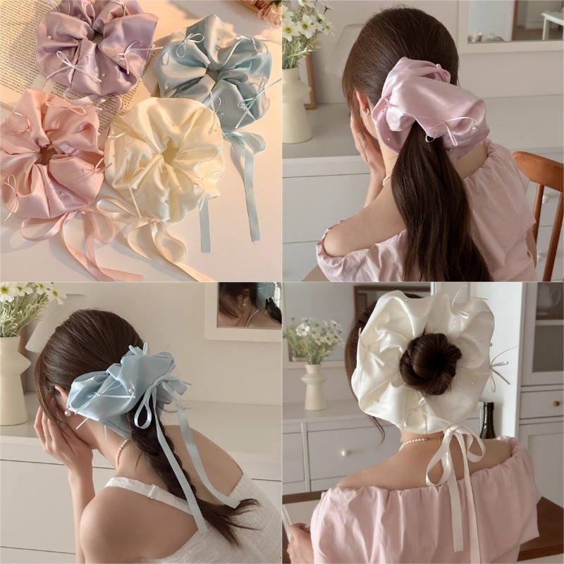 สรุนเชียสีสดใสพร้อมโบว์ knot สำหรับผู้หญิง ขนาดใหญ่ เครื่องประดับผมเก๋ไก๋