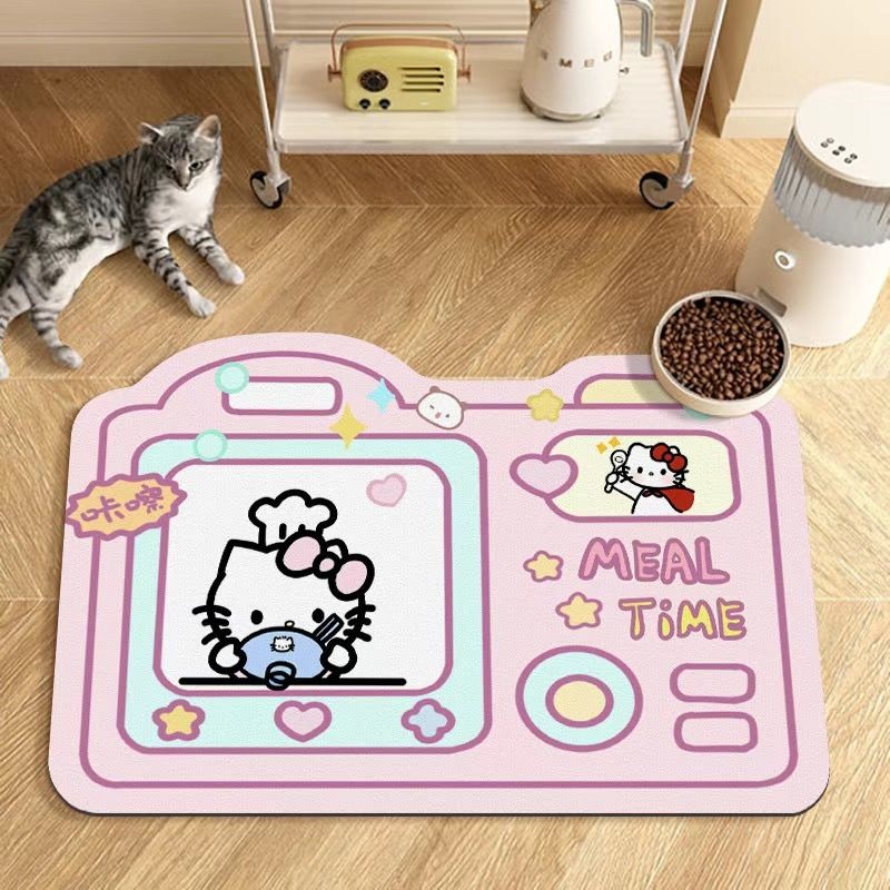 Medium Cute Hello Kitty Pet Placemat Cat Dog Pet Eating Bowl Mat กันน้ํา Oilproof PVC Pet Floor Mat 