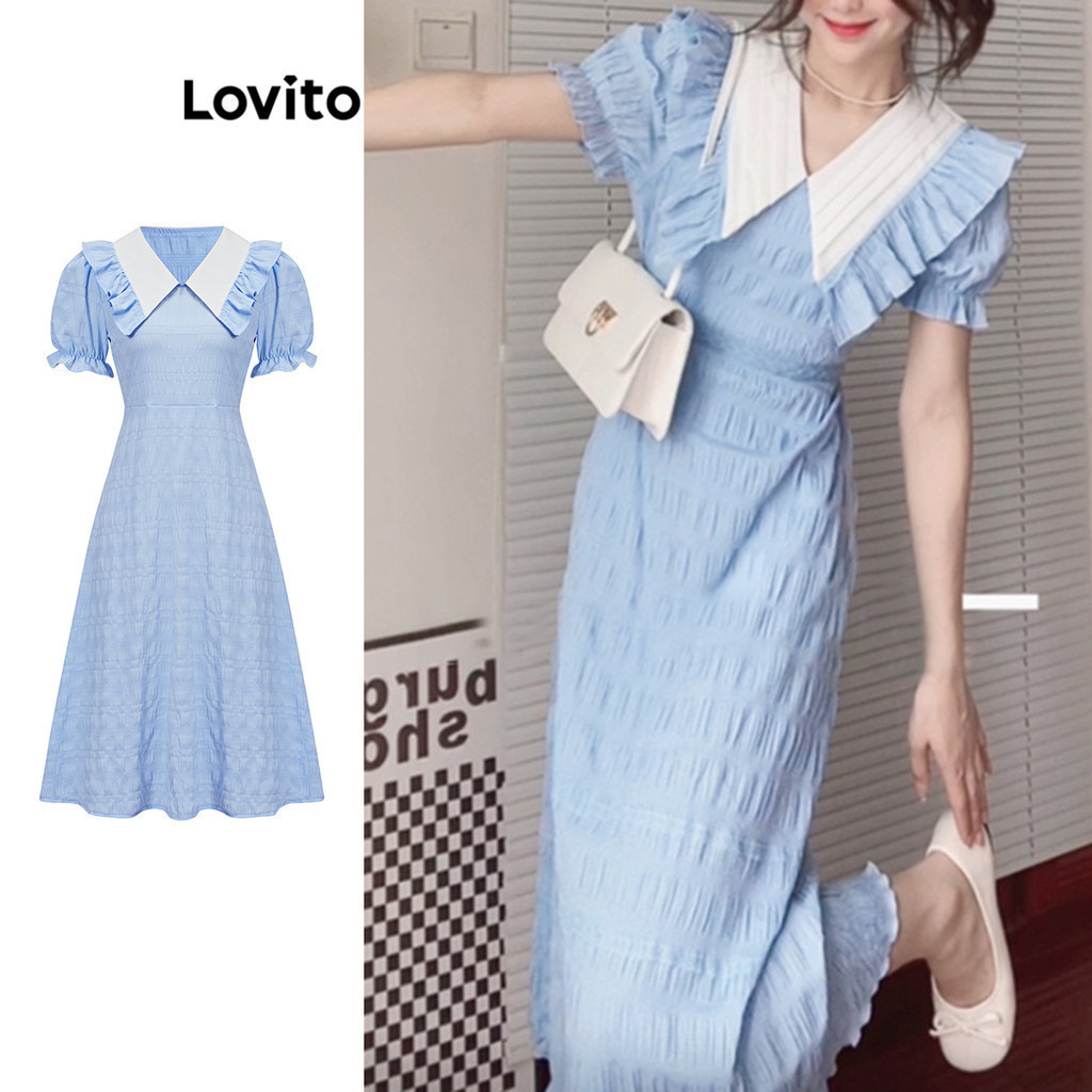 Lovito ชุดเดรส แต่งระบาย สีพื้น สําหรับผู้หญิง LBA79187