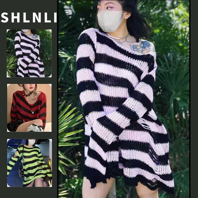 เสื้อสเวตเตอร์ยาวปานกลางแบบเจาะรูสําหรับผู้หญิงอเมริกันฤดูใบไม้ผลิและฤดูร้อนลายเสื้อสเวตเตอร์ถักหลวมและอเนกประสงค์