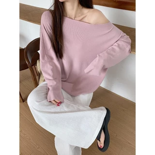 MOESSQUEEN เสื้อกันหนาวเซ็กซี่ไหล่เอียง-basic สีทึบสำหรับฤดูใบไม้ร่วงและหนาวปี #59962