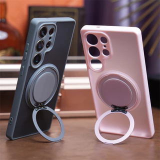 SAMSUNG หรูหรา 360° Rotatabl ขาตั้งโลหะเคสโทรศัพท์แม่เหล็กสําหรับSamsung Galaxy S25 S24 S23 Ultra Plus FE S25Edge Frosted Hard PCปกหลังTPU Soft Edgeปลอกกันกระแทก