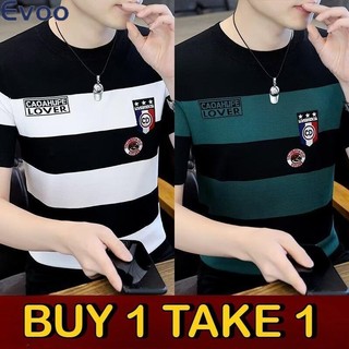 Evoo [BUY 1 TAKE 1] Local Delivery Men's Striped Round Neck T-Shirt Summer Casual Business Wear Plus Size Soft Short Sleeve Tops