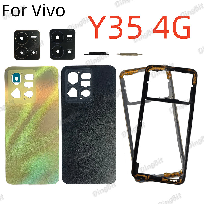 สําหรับ Vivo Y35 4G แบตเตอรี่ฝาหลังด้านหลังประตูสติกเกอร์กาวเลนส์กรอบกลางพร้อมกรอบอะไหล่ทดแทน