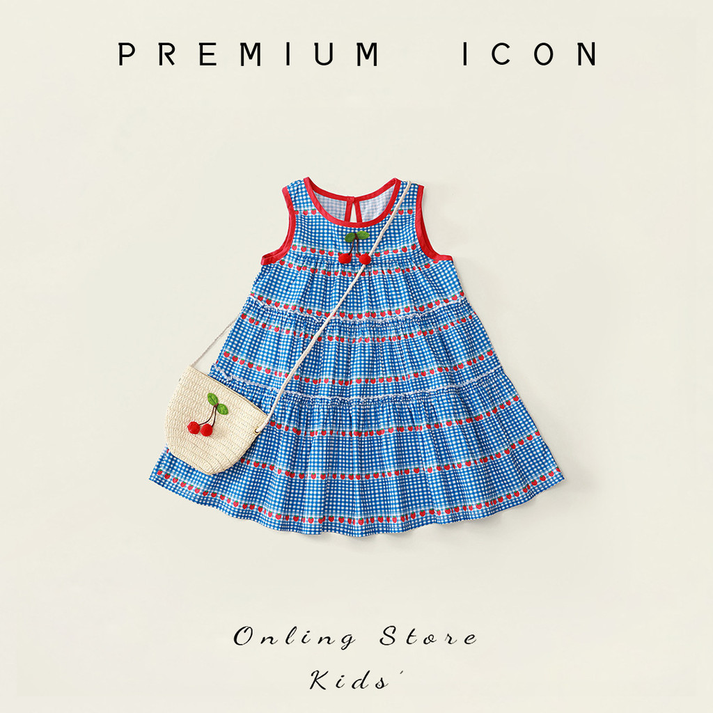 Olivia Kids💕พร้อมส่ง💕ชุดเด็กผู้หญิงแขนกุด สไตล์หวานเชอร์รี่ลายสก๊อต พร้อมกระเป๋าฟรี