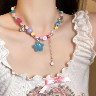 สร้อยคอ Y2K ลูกปัดสีจี้หัวใจ สร้อยลูกปัดสีโดปามีน สำหรับผู้หญิง ดีไซน์เกาหลี ใส่ฤดูร้อน