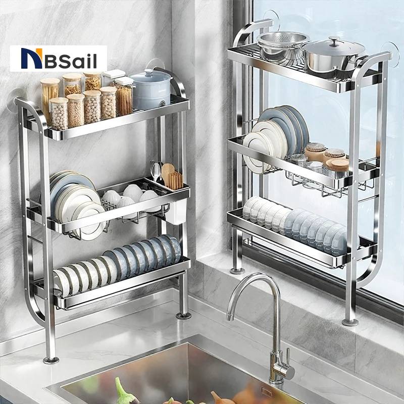 NBSail【สแตนเลส 304】ชั้นวางจานติดผนังพร้อมถาดรองน้ำทิ้งแบบถอดได้