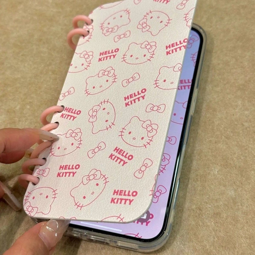 สมุดโน๊ตแมวน่ารักสีชมพูเหมาะสําหรับ ihone15promax Apple 14pro เคสโทรศัพท์ 13 หนังพลิกเนื้อ