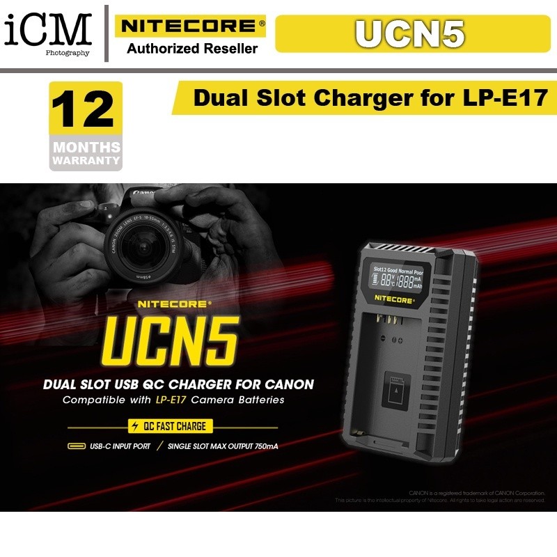 Nitecore UCN5 DualSlot USBC Quick Charger สําหรับแบตเตอรี่ Canon LPE17 LPE17