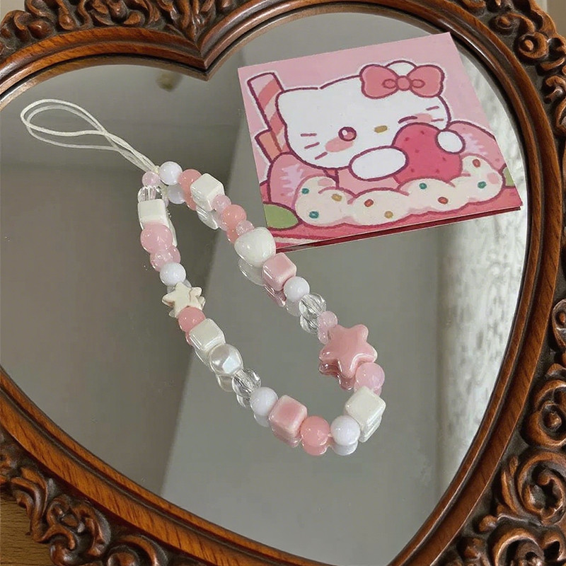 โซ่โทรศัพท์มือถือสีชมพู สายคล้องมือสายคล้องโทรศัพท์ลูกปัดลายการ์ตูนหัวใจผู้หญิง จี้กล้องโทรศัพท์ผู้หญิงกันการสูญหายสายรั - รูปที่ 6