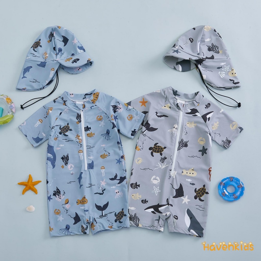 ชุดว่ายน้ำเด็กวัยหัดเดิน แขนสั้น พิมพ์ลายสัตว์ ป้องกันแสงแดด มาพร้อมหมวก ขนาด 0-3 ปี