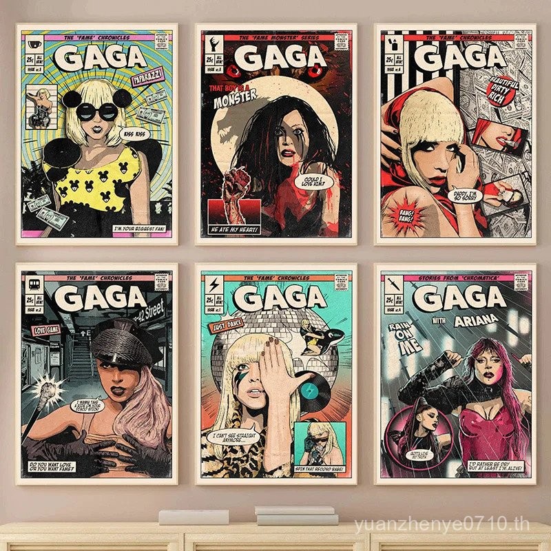 Lady Gaga Vintage ฝาครอบการ์ตูน Pop Diva นักร้อง Star โปสเตอร์พิมพ์ Wall Art ภาพผ้าใบภาพวาดห้องนั่งเ
