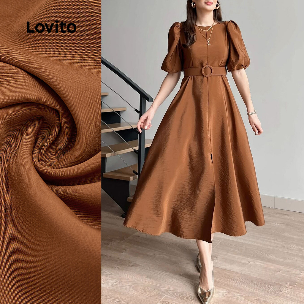 (New) Lovito ชุดเดรสหรูหรามีเข็มขัด แยกด้านหน้าที่เปิดออกในช่วงฤดูใบไม้ผลิ/ฤดูร้อน สีเผือก L143AD177