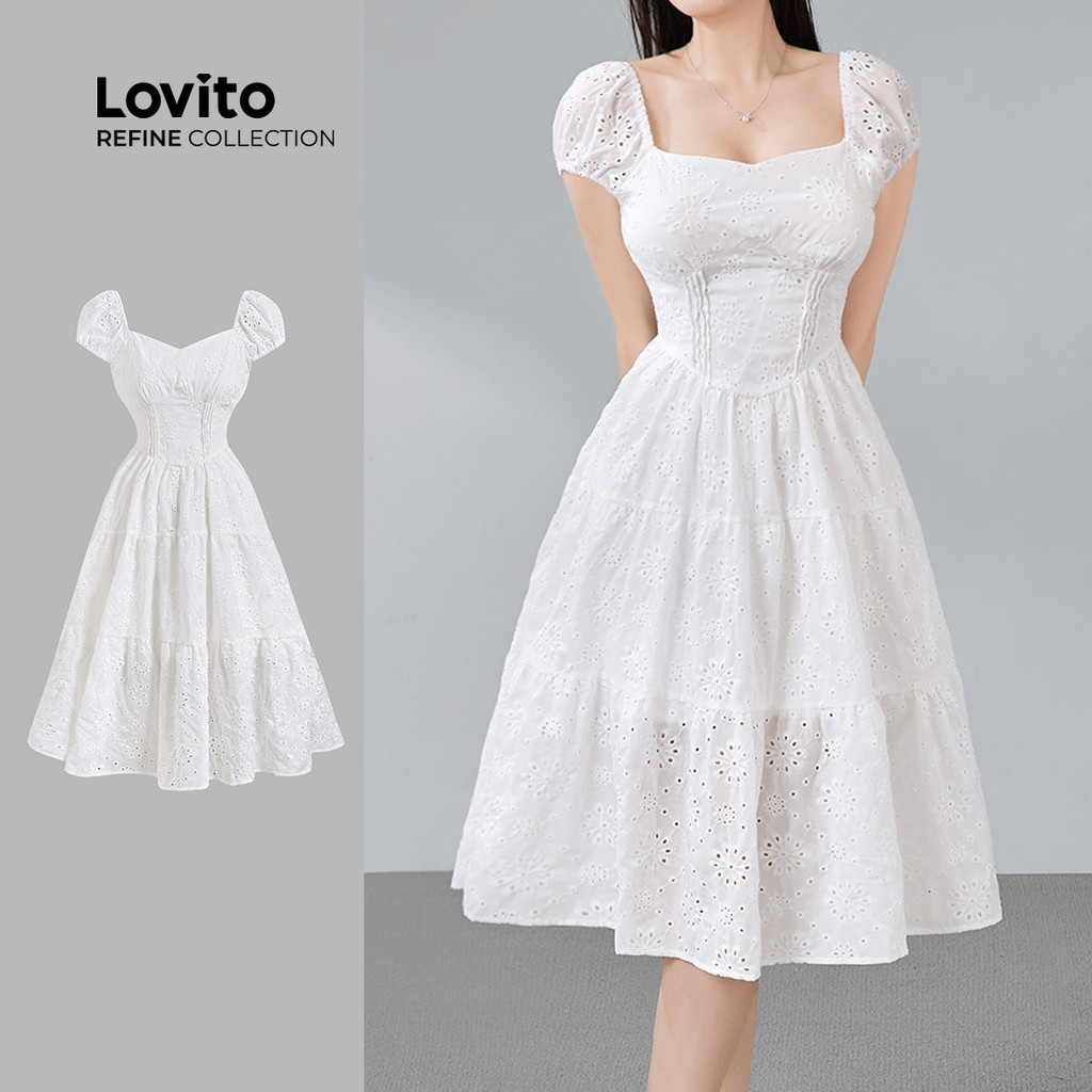 (NEW) (Lovito Refine) เดรสขนแublin์ดีไซน์หรูหรา ลายจักราร์ด สปริง/ซัมเมอร์ สีขาว LR13E224